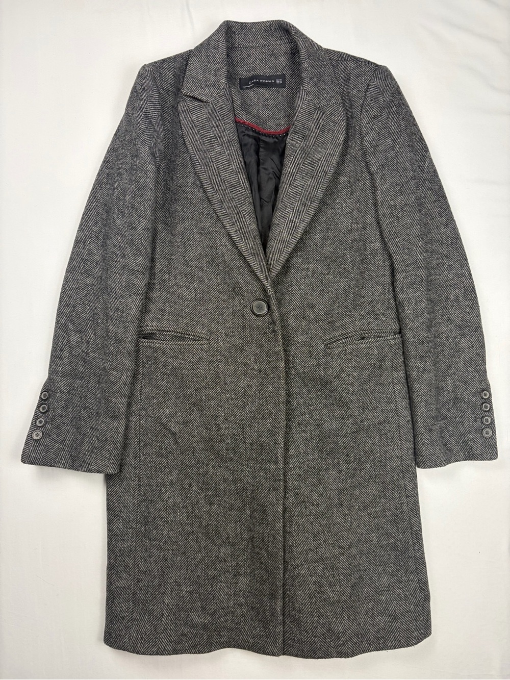 Zara Gray Herringbone Single-Button Trench Coat